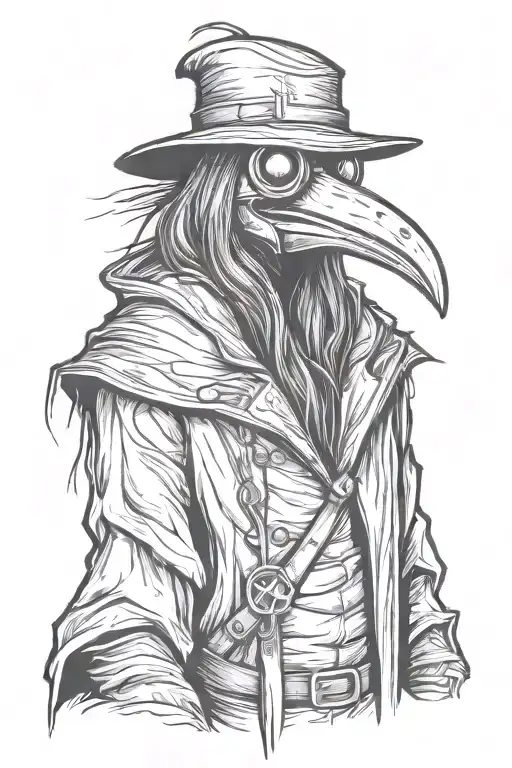 scary, angry and mean looking Plague doctor with long hair in a stencil and sketch style tattoo design idea