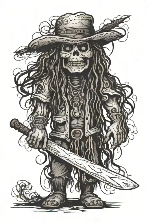 standing male voodoo doll with long hair and hole in body tattoo design idea