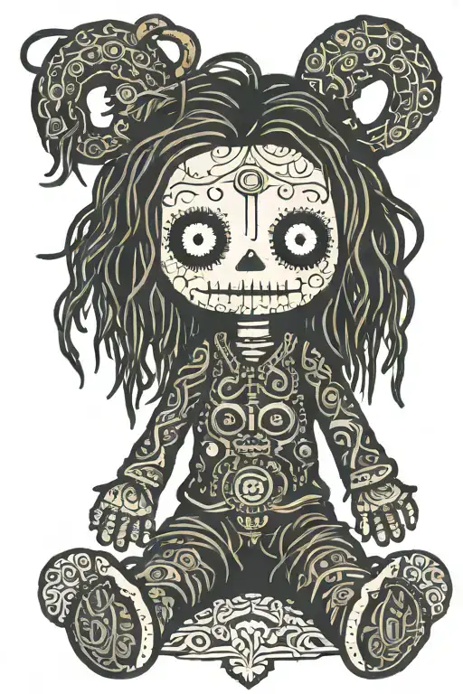 simple psychedelic voodoo doll with long hair and needle through body tattoo design idea