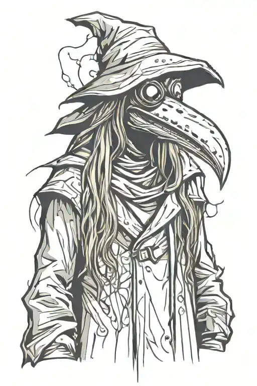 scary and mean Plague doctor with long hair a graffiti and minimalist and sketch style tattoo design idea