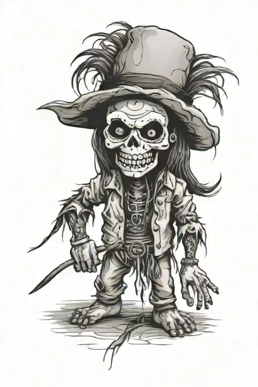 standing male voodoo doll with long hair and hole in body tattoo design idea