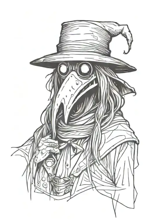 scary and mean Plague doctor with long hair a graffiti and minimalist and sketch style tattoo design idea