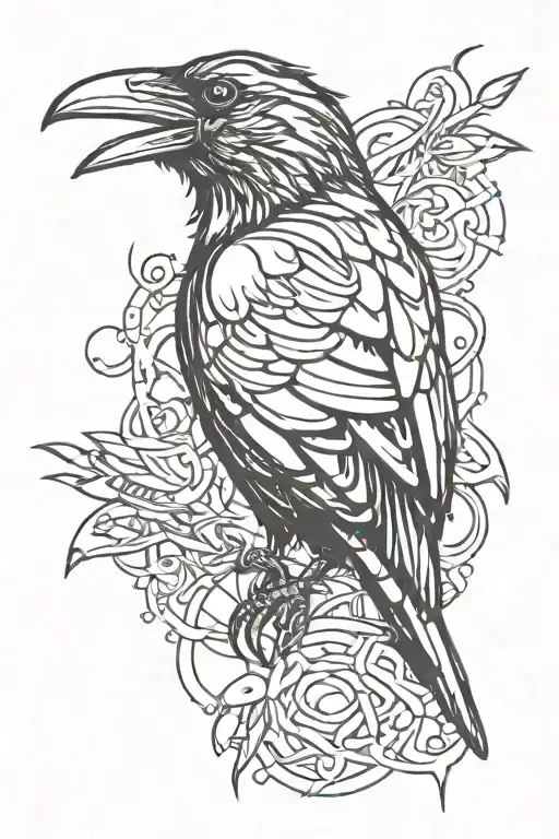 evil and psychedelic crow in a graffiti and minimalist and stencil style tattoo design idea