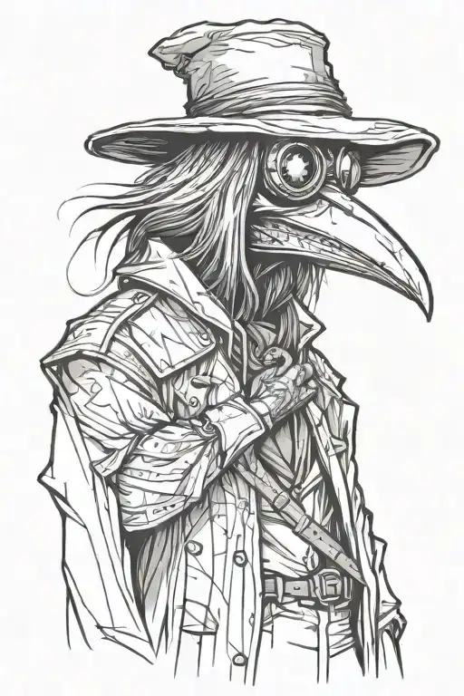 scary, angry and mean looking Plague doctor with long hair wearing modern clothing in a graffiti and sketch style tattoo design idea