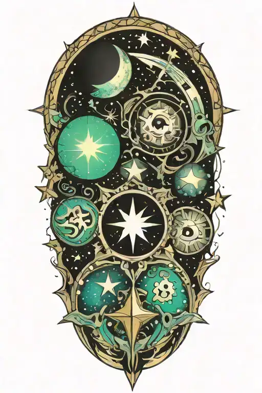 psychedelic and mystic moons and stars fillers tattoo design idea