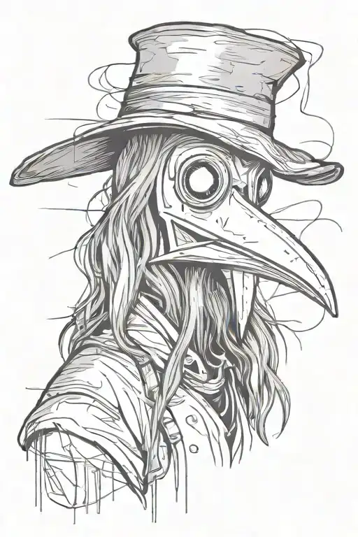 scary and spiritual Plague doctor with long hair a graffiti and minimalist and sketch style tattoo design idea