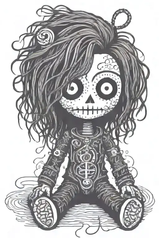 standing psychedelic male voodoo doll with long hair and needle through body  tattoo design idea