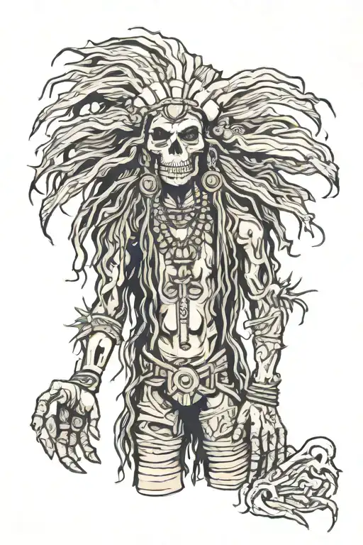 standing male voodoo doll with long hair and hole in body tattoo design idea
