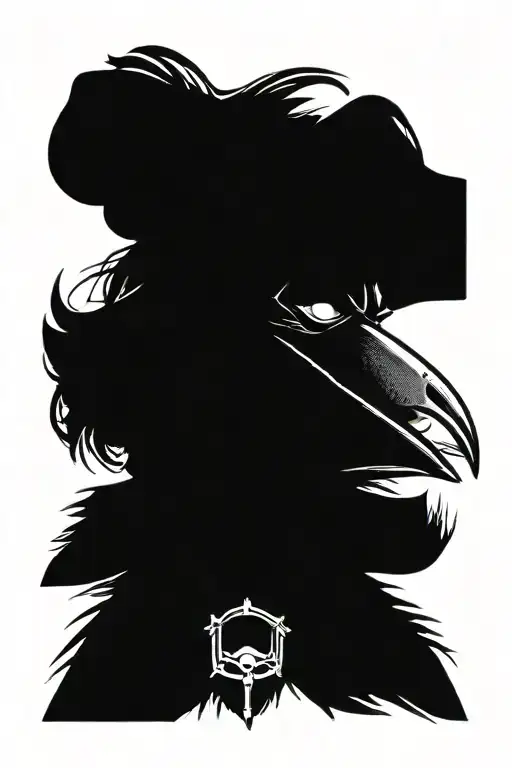 scary, angry and mean looking Plague doctor with long hair wearing modern clothing in a stencil and sketch style tattoo design idea