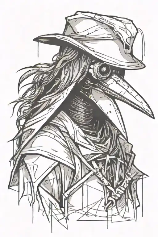 Plague doctor with long hair looking like a crow in a graffiti and minimalist and sketch style tattoo design idea