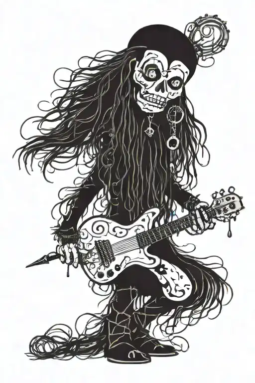 standing psychedelic male voodoo doll with long hair and needle through body  tattoo design idea