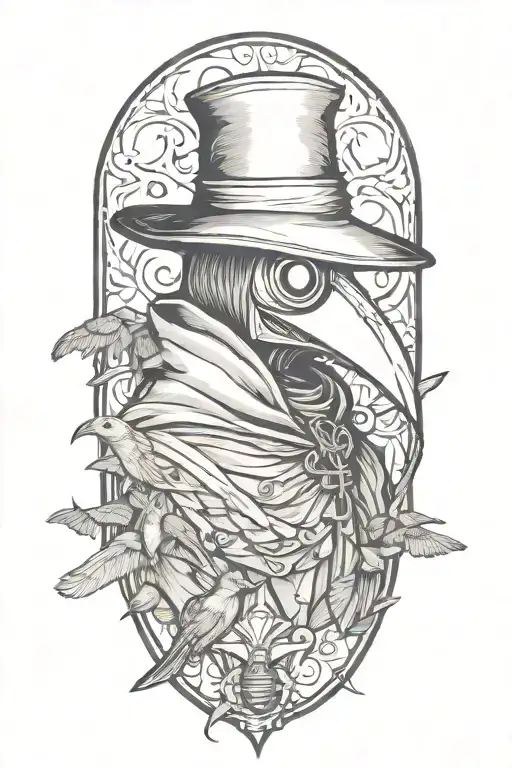Plague doctor and moths in a woodcut style mixed blackwork and a background in a grafitti style tattoo design idea