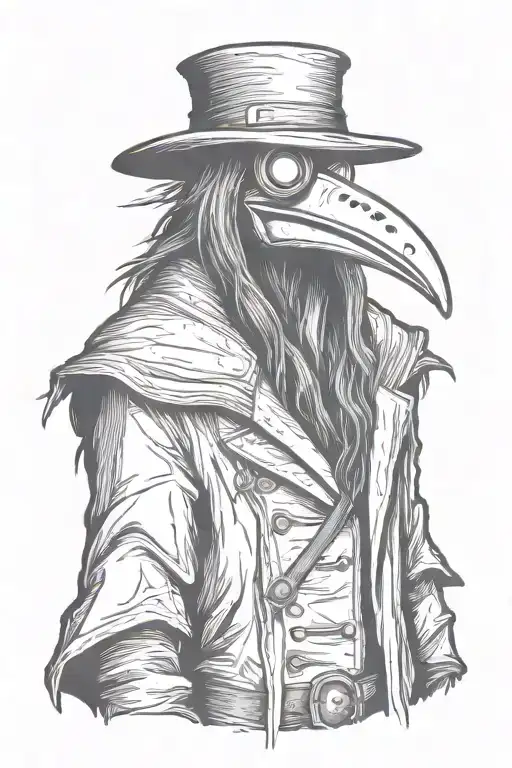 scary, angry and mean looking Plague doctor with long hair a graffiti and sketch style tattoo design idea