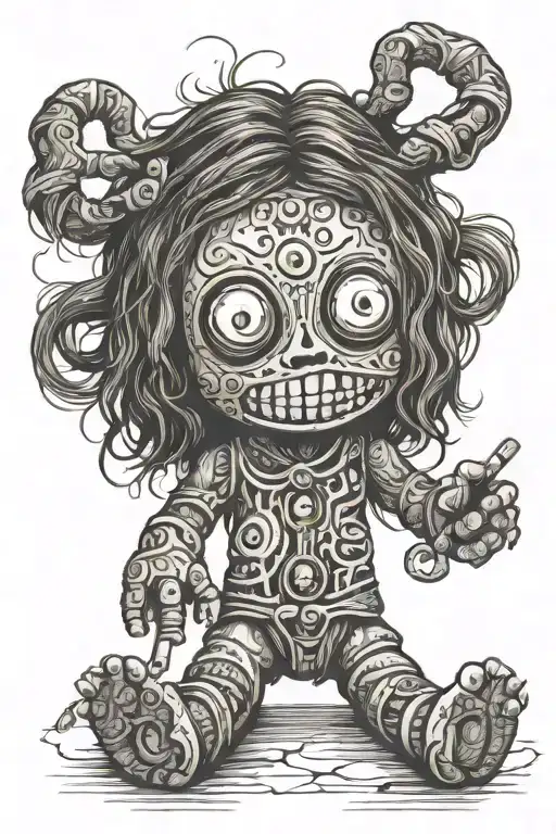 psychedelic voodoo doll with long hair and needke through body tattoo design idea