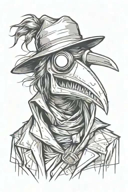 scary, angry and mean looking Plague doctor with long hair in a graffiti and minimalist and sketch style tattoo design idea