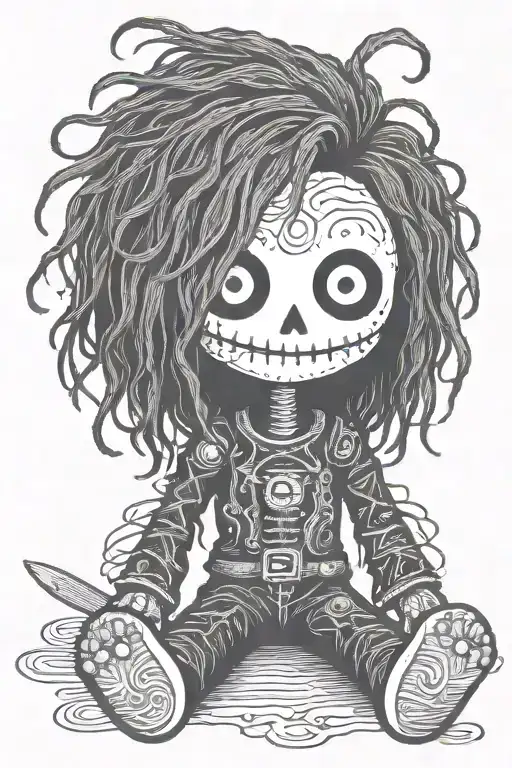 simple psychedelic male voodoo doll with long hair and needle through body tattoo design idea
