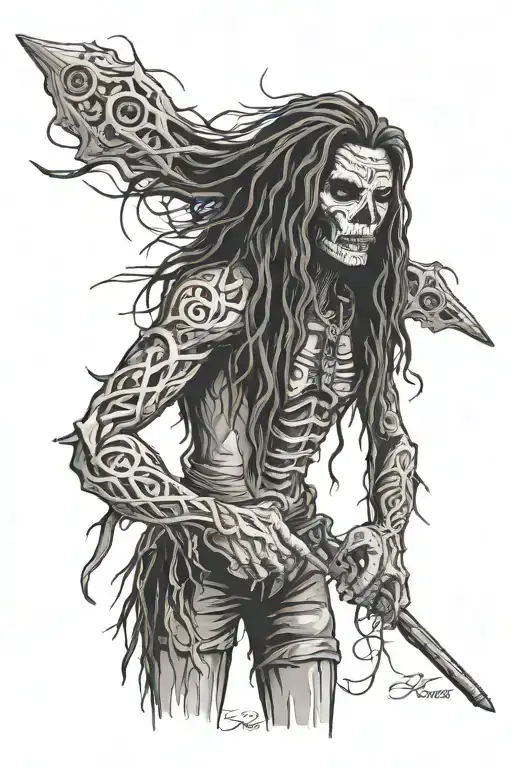 standing male voodoo doll with long hair and hole in body tattoo design idea