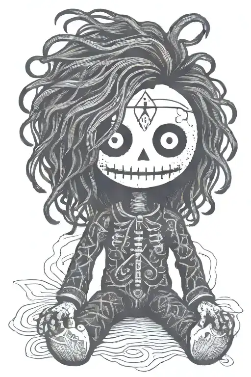 minimalist psychedelic male voodoo doll with long hair and needle through body  tattoo design idea