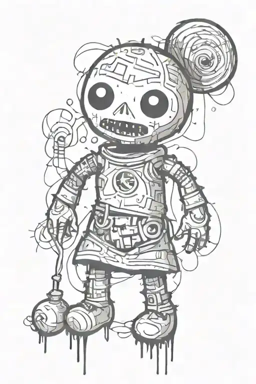 spiritual and psychedelic voodoo doll in graffiti and sketch style tattoo design idea