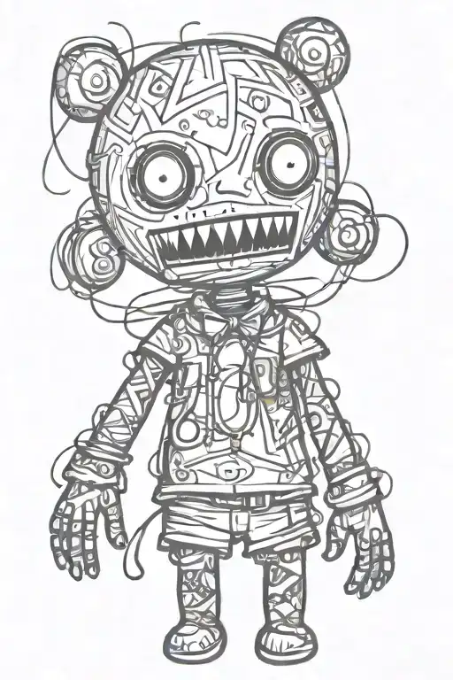 psychedelic and evil voodoo doll in graffiti and sketch style tattoo design idea