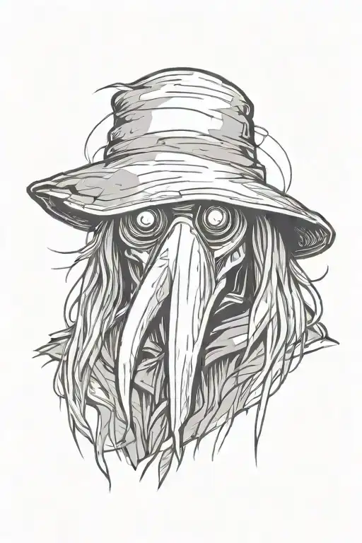 scary, angry and mean looking Plague doctor with long hair in a graffiti and minimalist and sketch style tattoo design idea