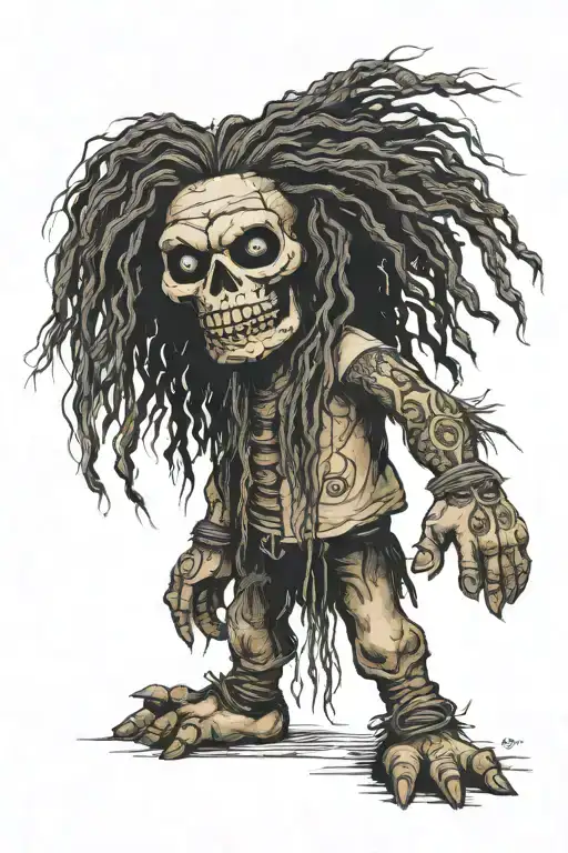 standing male voodoo doll with long hair and hole in body tattoo design idea