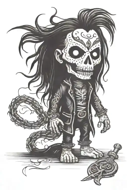 standing male voodoo doll with long hair and hole in body tattoo design idea
