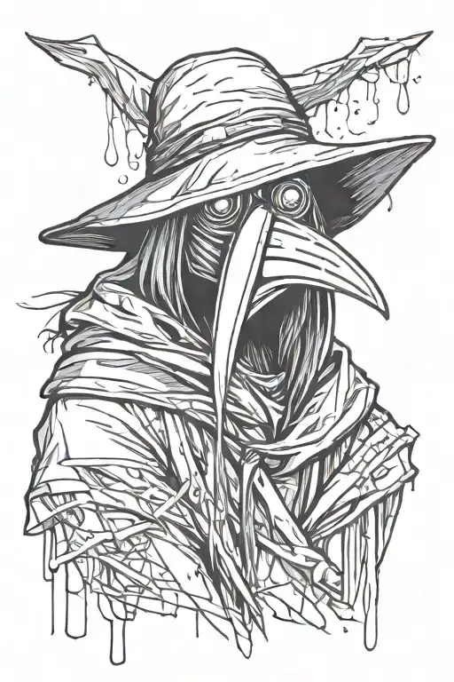 scary, angry and mean looking Plague doctor with long hair in a graffiti and minimalist and sketch style tattoo design idea