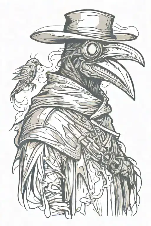 evil Plague doctor like a crow in a grafitti style mixed with woodcut tattoo design idea