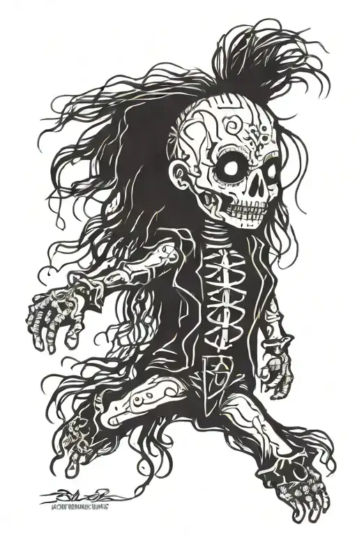 standing male voodoo doll with long hair and hole in body tattoo design idea