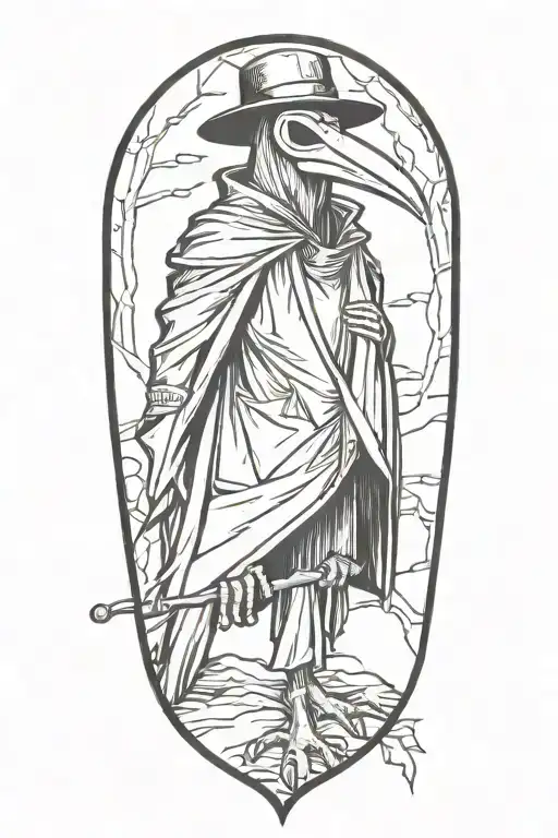 Plague doctor and a moth in a woodcut style mixed blackwork and a background in a heavy grafitti style tattoo design idea