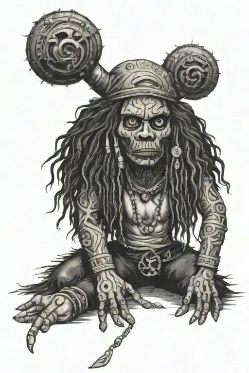 standing male voodoo doll with long hair and hole in body tattoo design idea