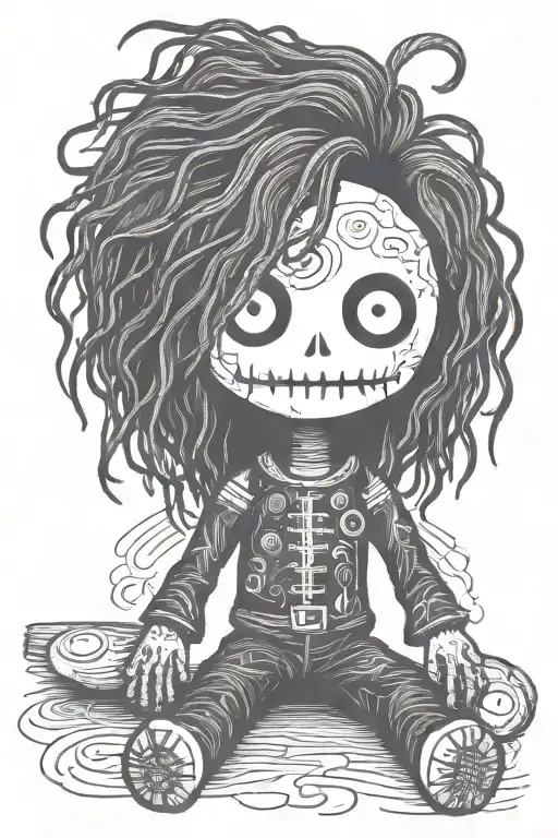 minimalist psychedelic male voodoo doll with long hair and needle through body  tattoo design idea