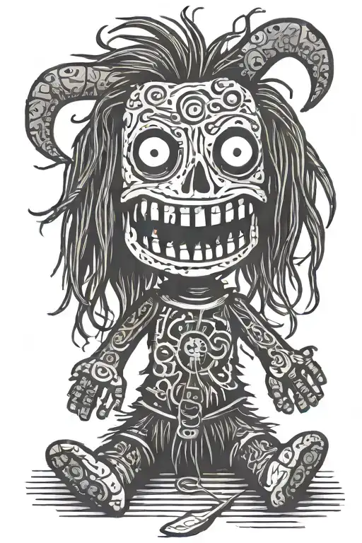 simple psychedelic voodoo doll with long hair and needle through body tattoo design idea