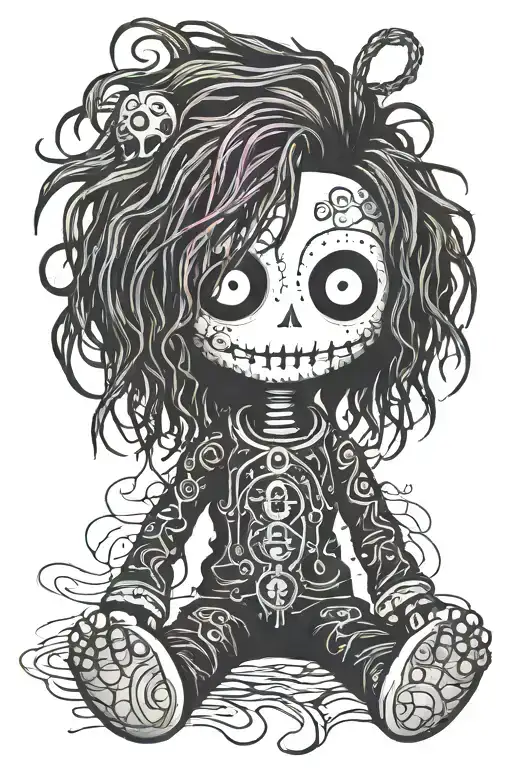 simple psychedelic male voodoo doll with long hair and needle through body tattoo design idea