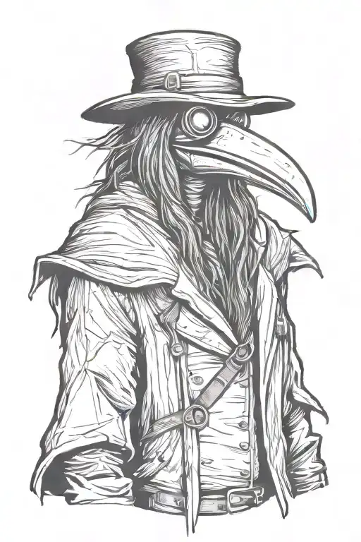 scary, angry and mean rock n roll Plague doctor with long hair a graffiti and sketch style tattoo design idea