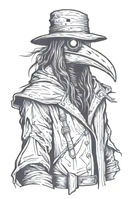 scary, angry and mean Plague doctor with long hair a graffiti and minimalist and sketch style tattoo design idea