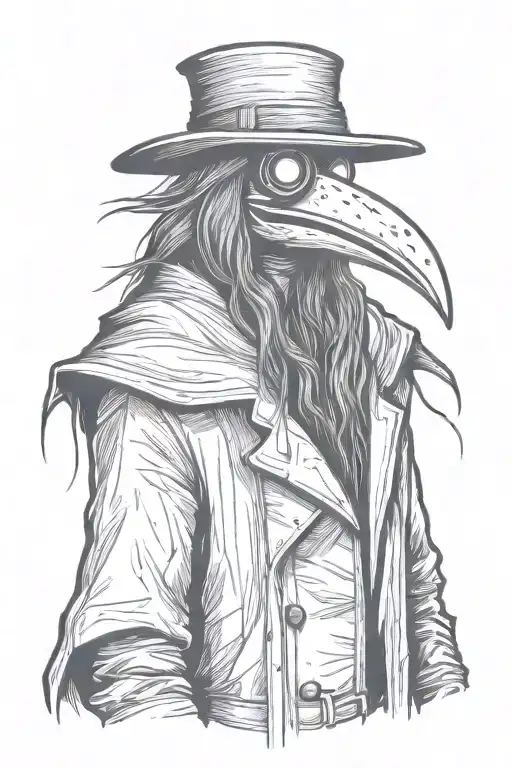 scary, angry and mean rock n roll Plague doctor with long hair a graffiti and sketch style tattoo design idea