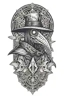 Plague doctor and moths and a geometric background in a woodcut style mixed with grafitti and blackwork tattoo design idea