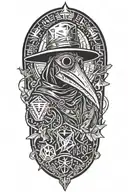 Plague doctor and moths and a geometric background in a woodcut style mixed with grafitti and blackwork tattoo design idea