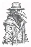 scary, angry and mean rock n roll Plague doctor with long hair a graffiti and sketch style tattoo design idea