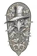 Plague doctor and moths in a woodcut style mixed with grafitti and blackwork tattoo design idea
