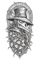 Plague doctor and moths in a woodcut style mixed with grafitti and blackwork tattoo design idea