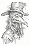 scary and spiritual Plague doctor with long hair a graffiti and minimalist and sketch style tattoo design idea