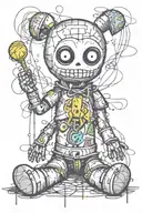 psychedelic and evil voodoo doll in graffiti and sketch style tattoo design idea