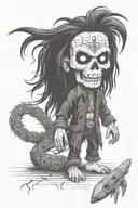 standing male voodoo doll with long hair and hole in body tattoo design idea