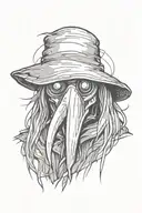 scary, angry and mean looking Plague doctor with long hair in a graffiti and minimalist and sketch style tattoo design idea