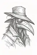 scary, angry and mean looking Plague doctor with long hair in a graffiti and minimalist and sketch style tattoo design idea