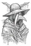 scary, angry and mean looking Plague doctor with long hair in a graffiti and minimalist and sketch style tattoo design idea
