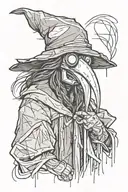 scary, angry and mean looking Plague doctor with long hair in a graffiti and minimalist and sketch style tattoo design idea
